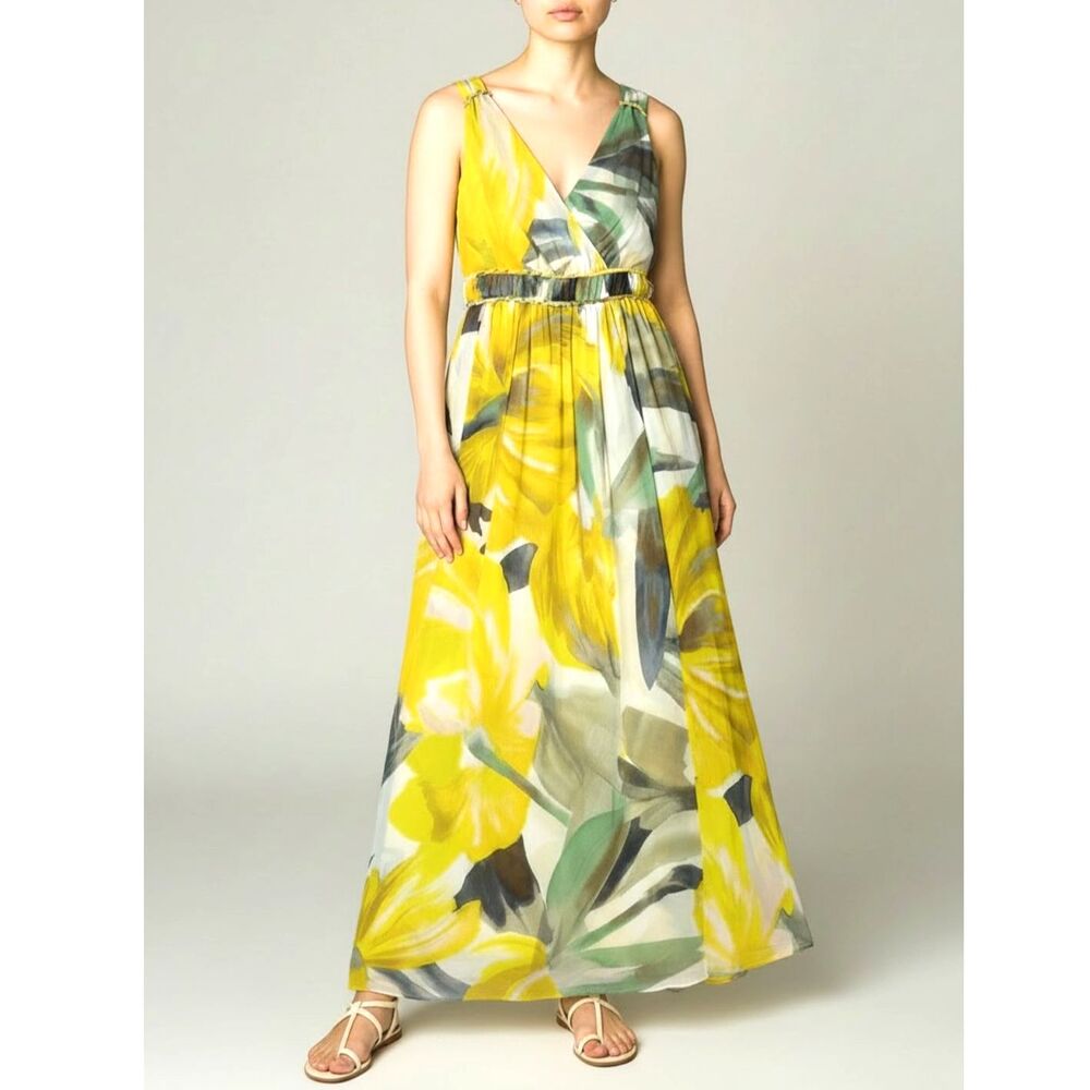 WHBM Sunny Floral V-Neck Braided Waist Floral Maxi Dress Size 2 NWT Retail $210